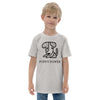Grey kid's graphic shirt of a dog that says PUPPY POWER