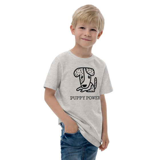 Grey kid's graphic shirt of a dog that says PUPPY POWER