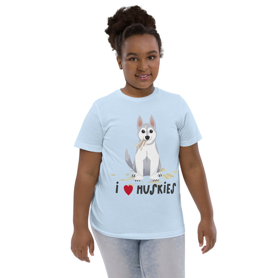 Blue graphic kid's shirt of a husky that says I love huskies.