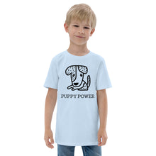  Blue kid's graphic shirt of a dog that says PUPPY POWER