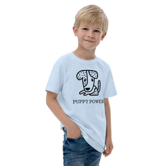 Blue kid's graphic shirt of a dog that says PUPPY POWER