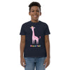 Dark blue kid's shirt of a snooty pink giraffe that says STAND TALL