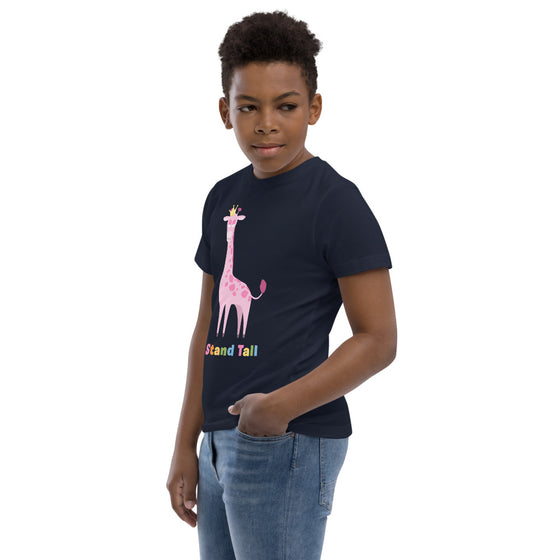Dark blue kid's shirt of a snooty pink giraffe that says STAND TALL
