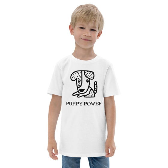 White kid's graphic shirt of a dog that says PUPPY POWER