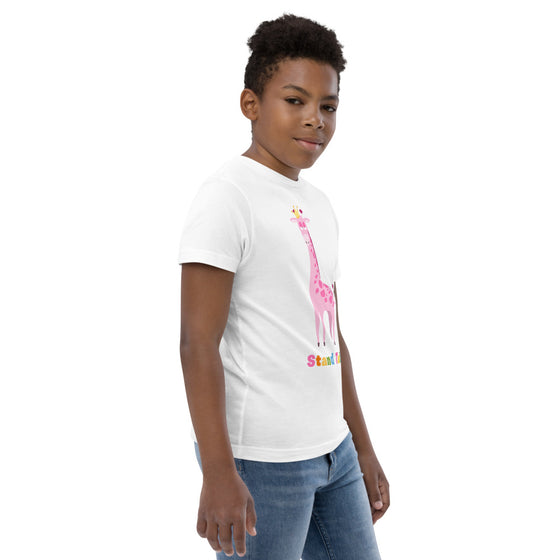 White kid's shirt of a snooty pink giraffe that says STAND TALL