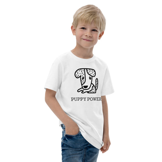 White kid's graphic shirt of a dog that says PUPPY POWER