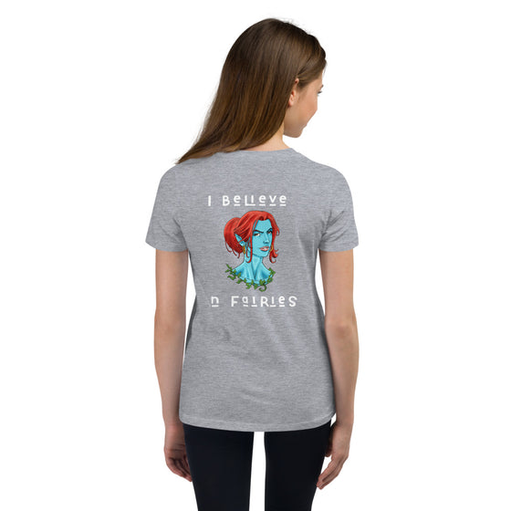 Gray graphic shirt with a fairy portrait on back that reads I BELIEVE IN FAIRIES