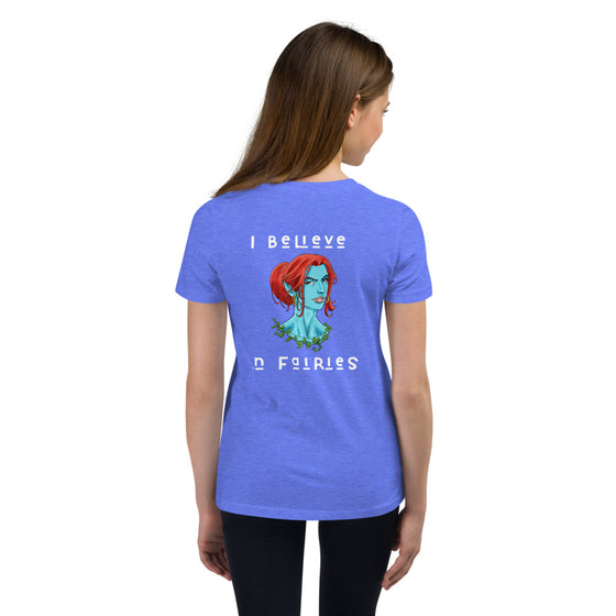 Blue graphic shirt with a fairy portrait on back that reads I BELIEVE IN FAIRIES