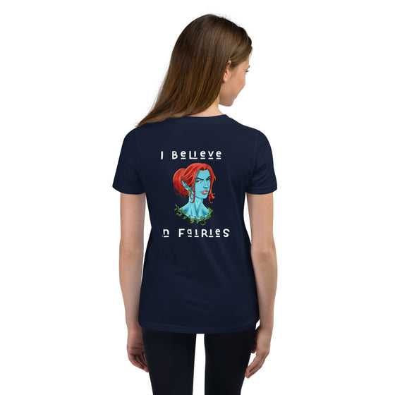 Navy graphic shirt with a fairy portrait on back that reads I BELIEVE IN FAIRIES