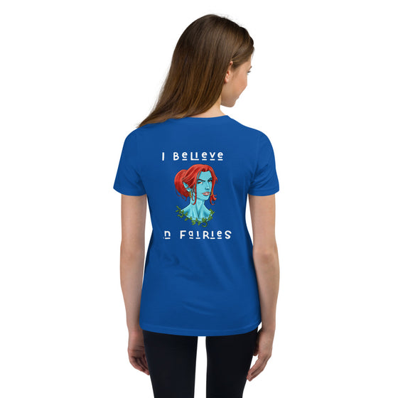 Blue graphic shirt with a fairy portrait on back that reads I BELIEVE IN FAIRIES